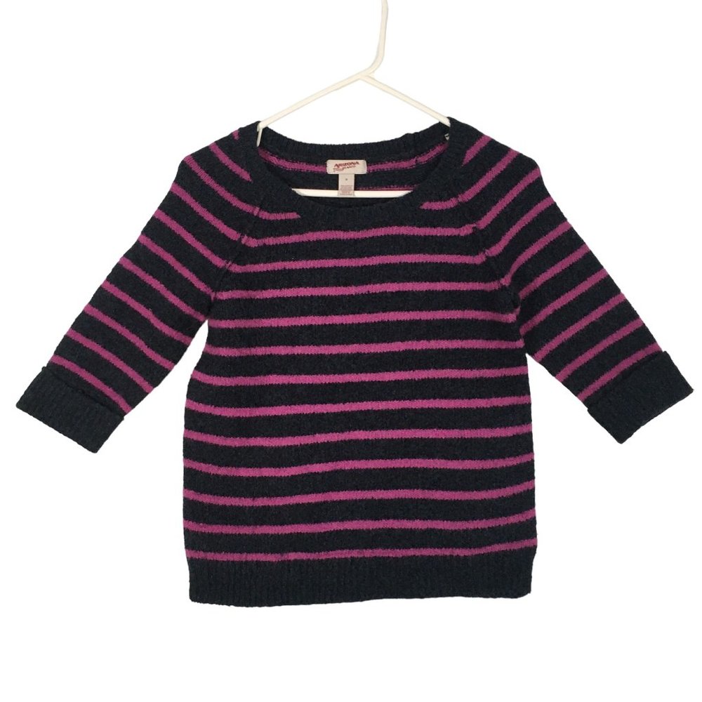 Arizona Jeans Purple Striped Round Neck Sweater, ¾ Sleeves, Junior Size M